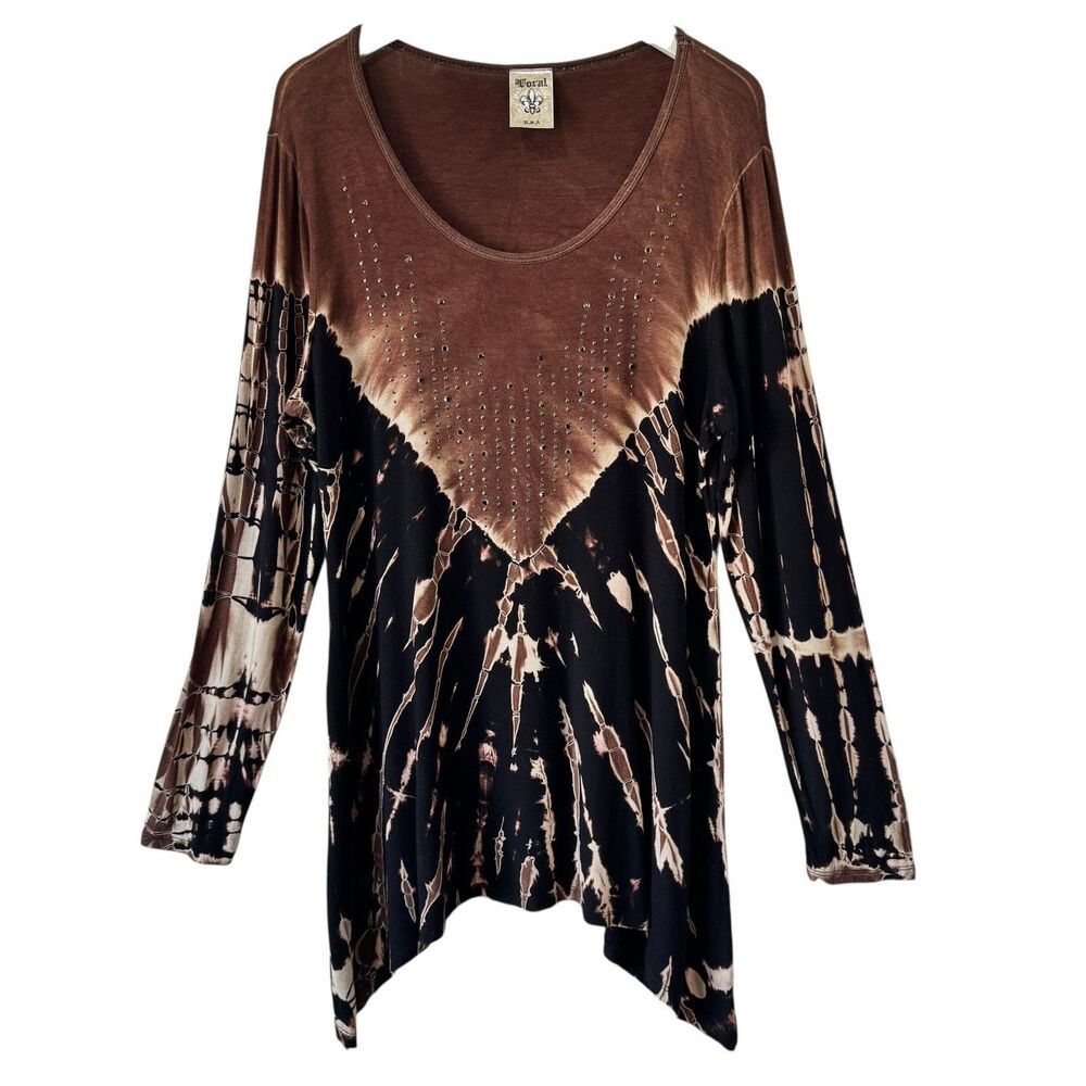 VOCAL Tie Dye Long Sleeve Bling Western Tunic Top Hippie Rock Stretch L/XL EUC